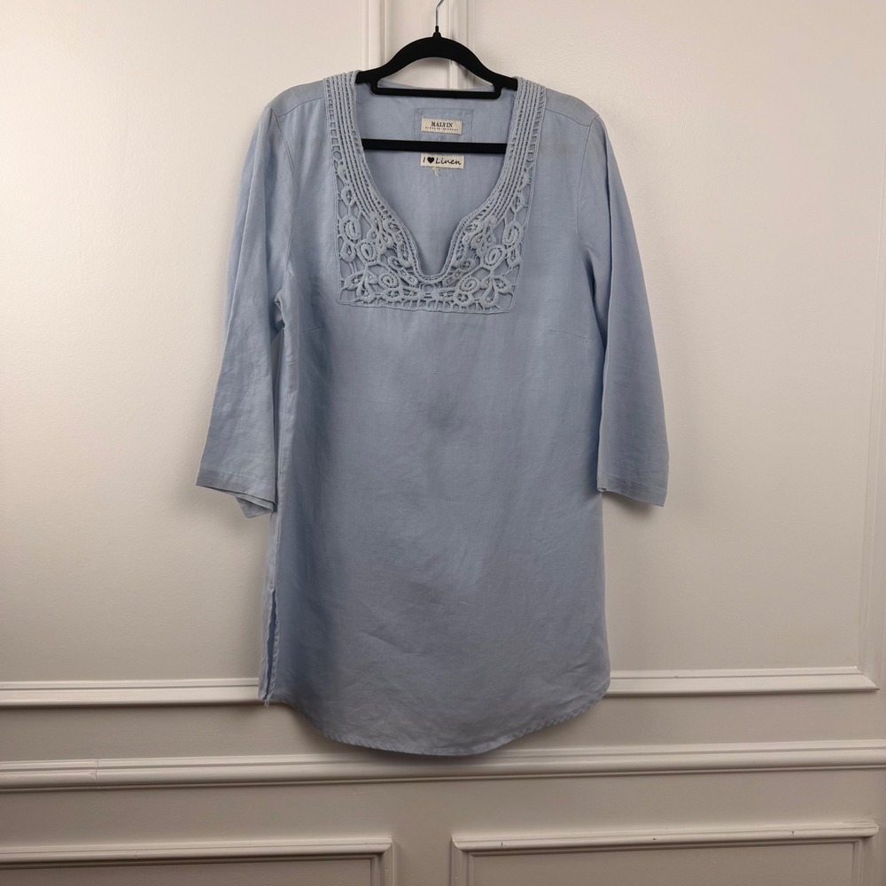 Malvin Hamburg Germany Blue Linen Crochet Lace V-Neck Tunic Top Womens L/XL